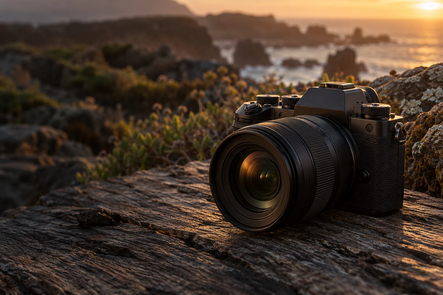 A camera resting on coastal rocks at golden hour