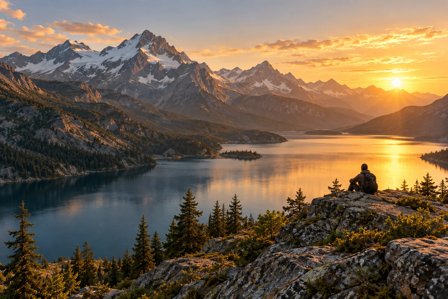 A hiker resting on rocks beside a mountain lake at golden hour, layered peaks behind