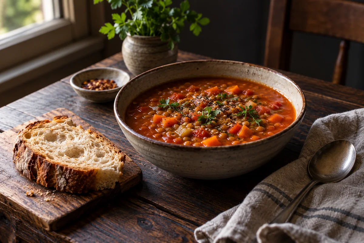 Rustic lentil soup and crusty bread on a dark wooden table beside a window.
