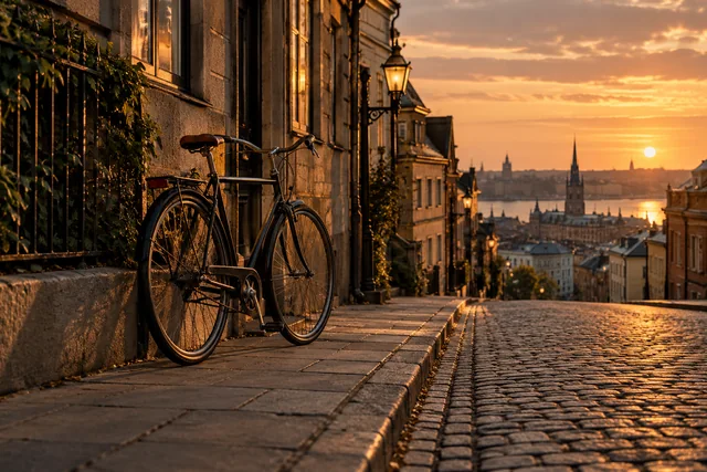 A bicycle beside stone buildings, framed against a layered city street at sunset.