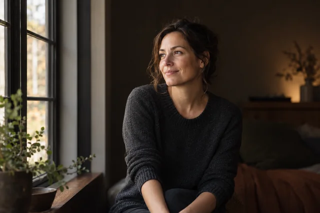A fictional adult woman in a charcoal sweater sits beside a window in soft side light.