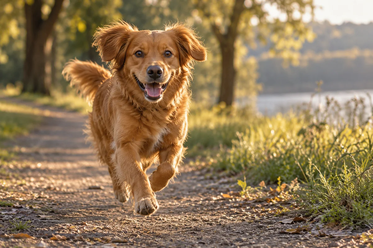 A golden-brown dog runs toward the camera along a park path in warm afternoon light.