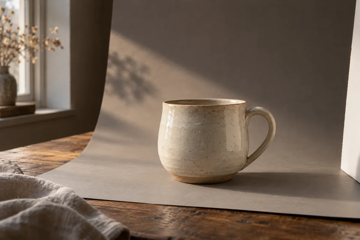 A cream ceramic cup sits on a paper sweep beside a window, with a white reflector at the edge.