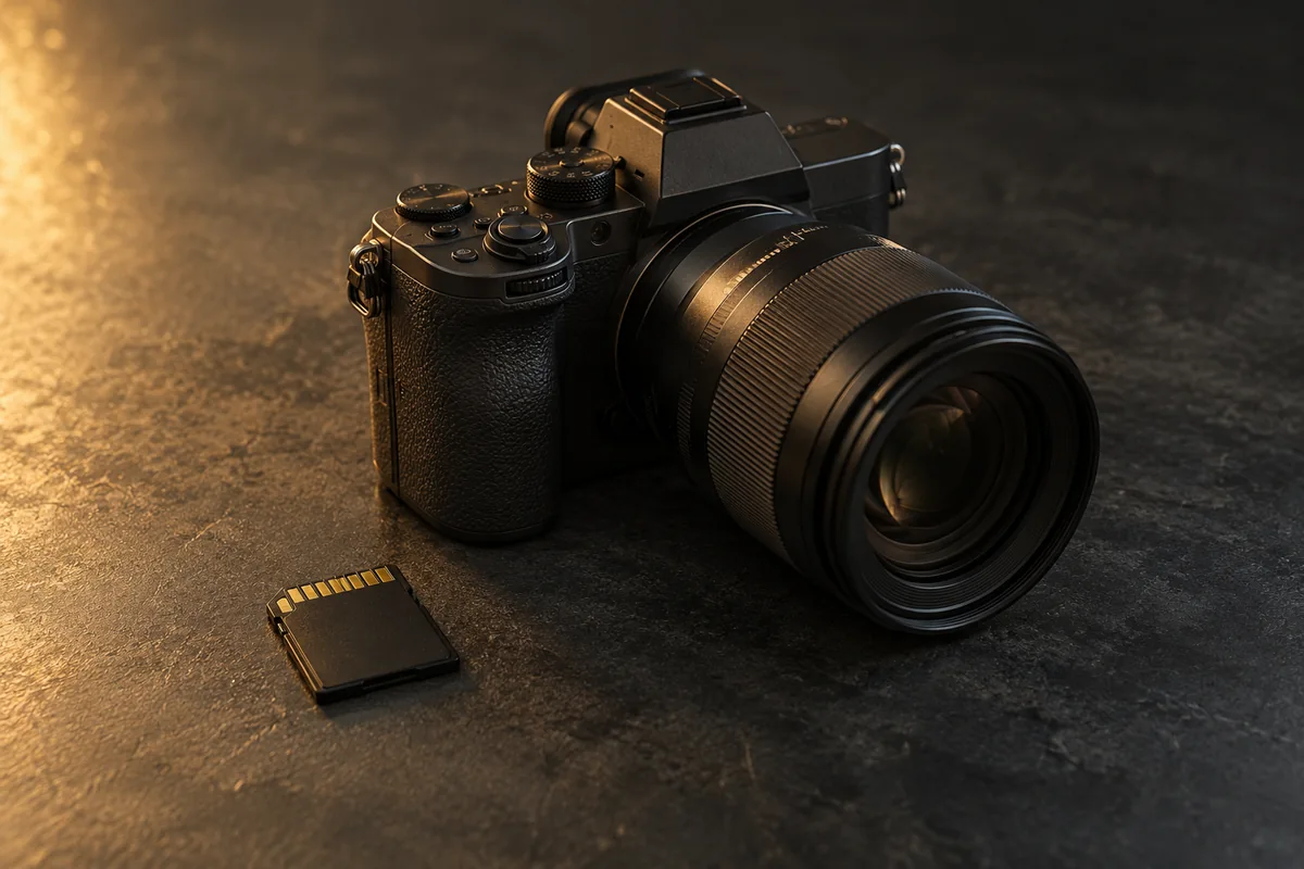 An unbranded camera and plain memory card on a dark tabletop in warm side light.