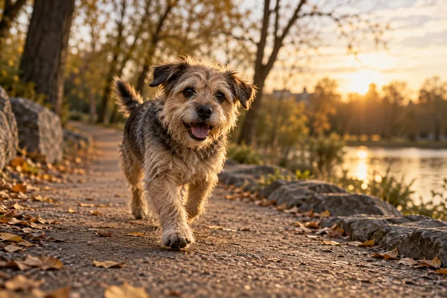 A small scruffy dog trotting toward the camera along a warm-lit park path.