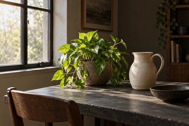 A houseplant and ceramic jug lit from the side by a nearby window.